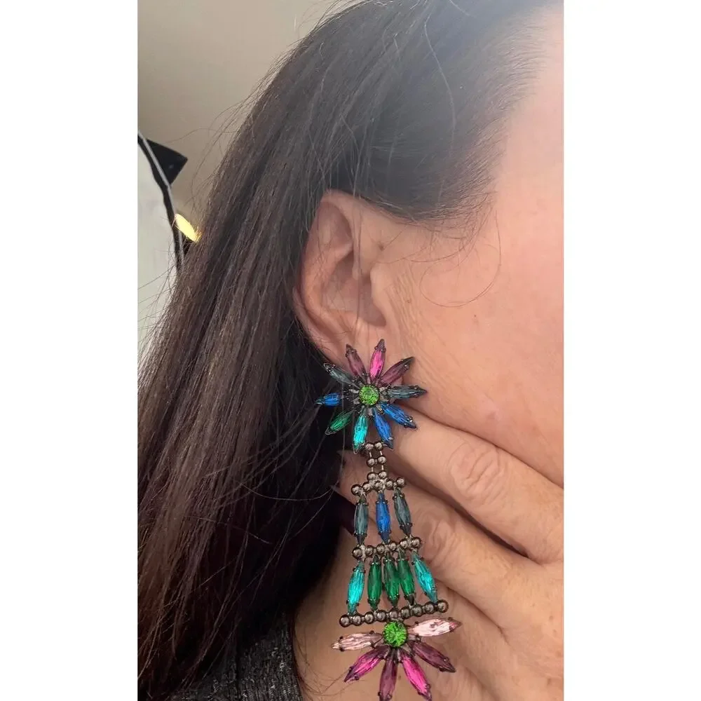 Doug Paulus Signed Rainbow Crystal Starbust Long Drop Earrings NWOT